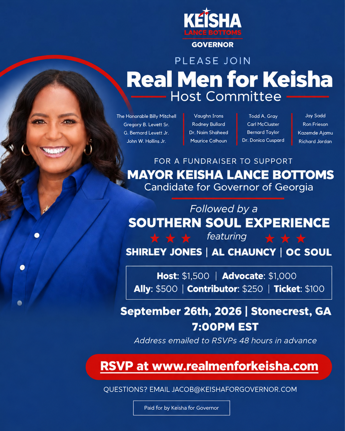 Real Men for Keisha Host Committee fundraiser flyer featuring Keisha Lance Bottoms and the September 26, 2026 event details